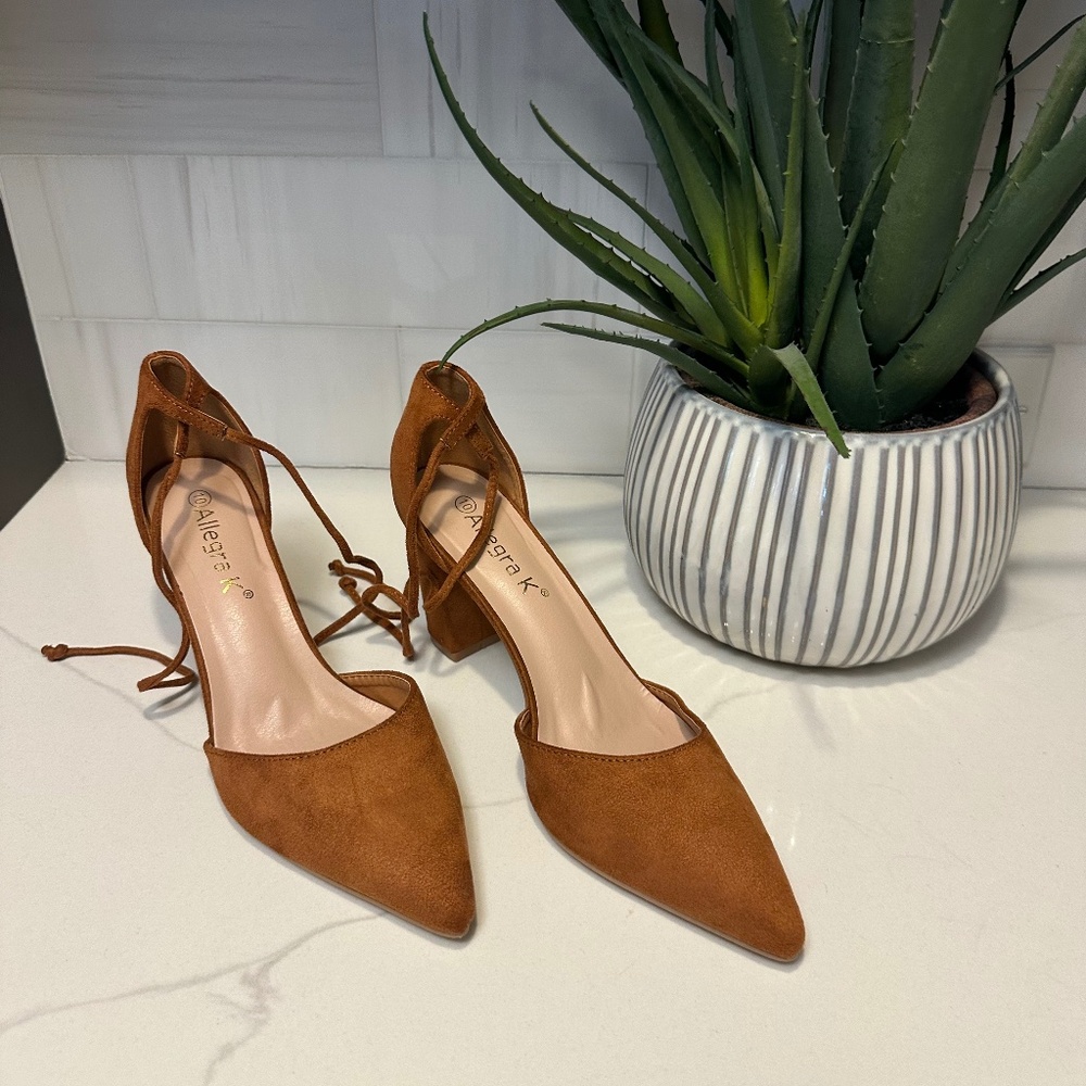 Allegra K Tan Pointed-Toe Lace-Up Block Heel Pumps